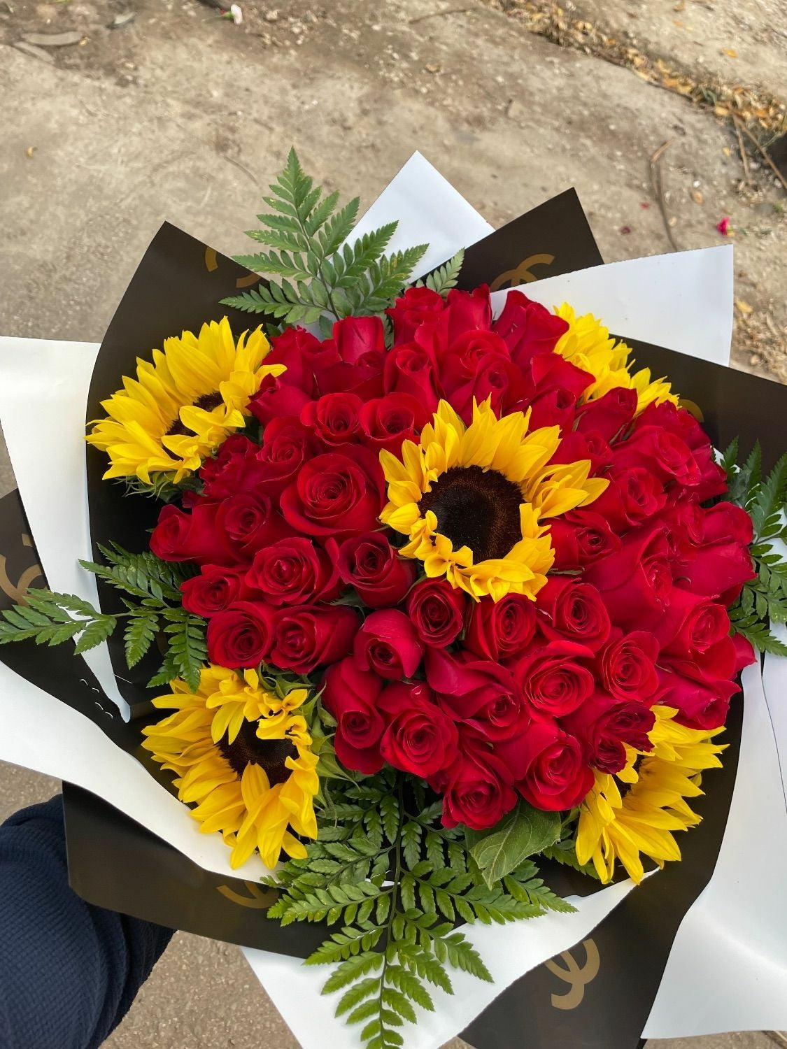 50 Roses and 5 Sunflowers Bouquet with Accessories