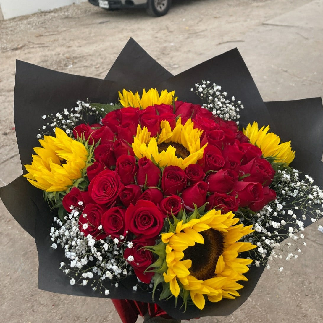 50 Roses and 5 Sunflowers Bouquet with Accessories