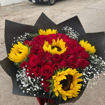 50 Roses and 5 Sunflowers Bouquet with Accessories